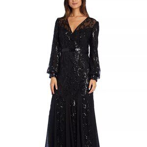 R & M Richards Sequined Blouson-Sleeve Gown Black Size 12